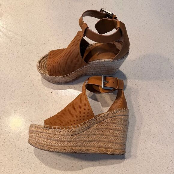 Marc Fisher Shoes - Marc Fisher Mlannie Tan Leather Espadrille Wedge Ankle Strap Sandal Size 5.5